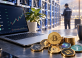 Laptop displaying a crypto price chart beside a pile of coins on a desk in a data center setting.